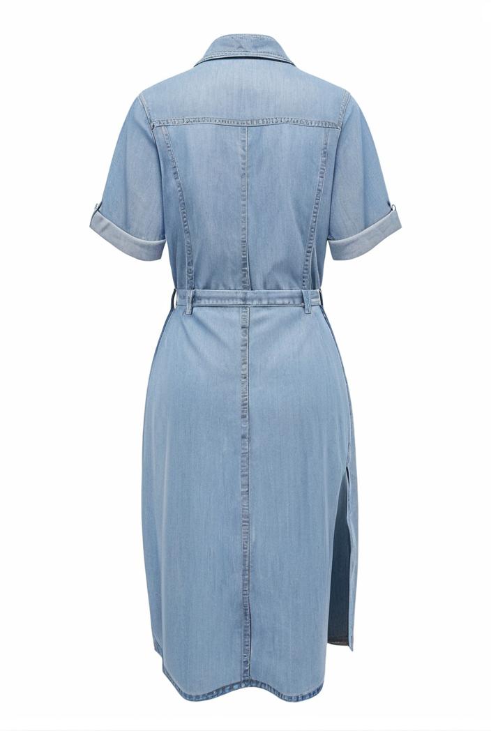 a line flap pockets rolled sleeve v neck casual lapel denim maxi dresses 127259