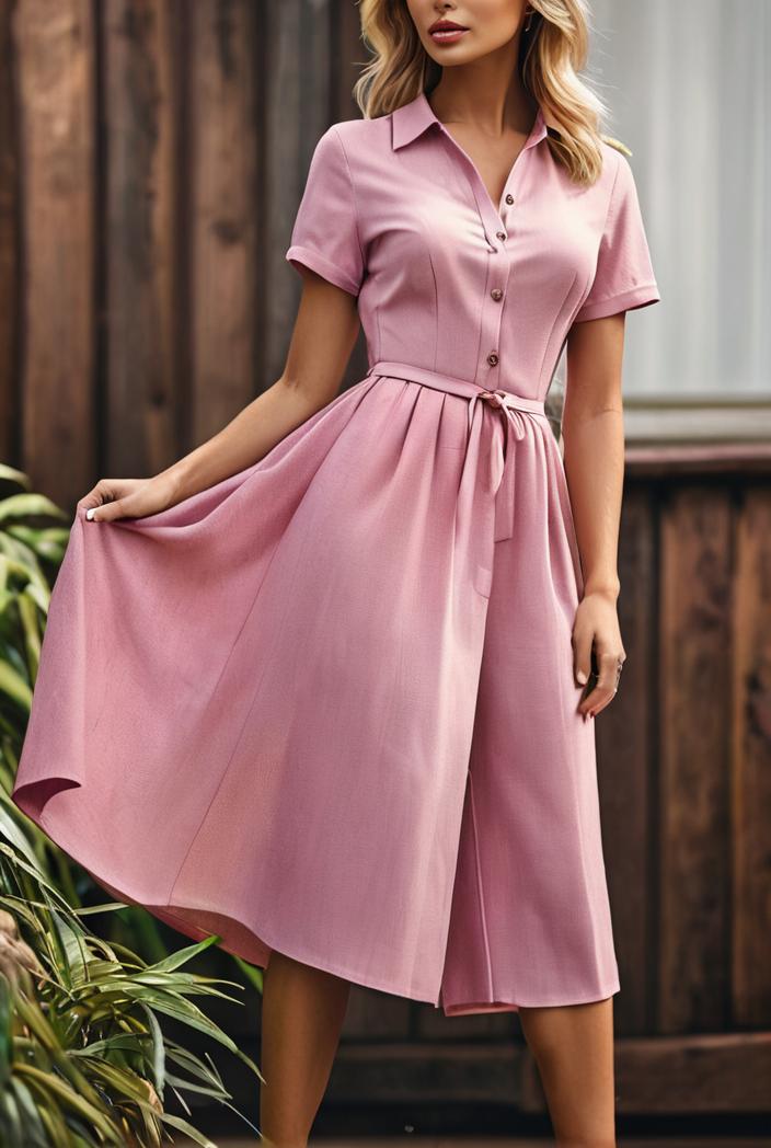 round neck tie polka dot pleated short sleeve midi dress 116213