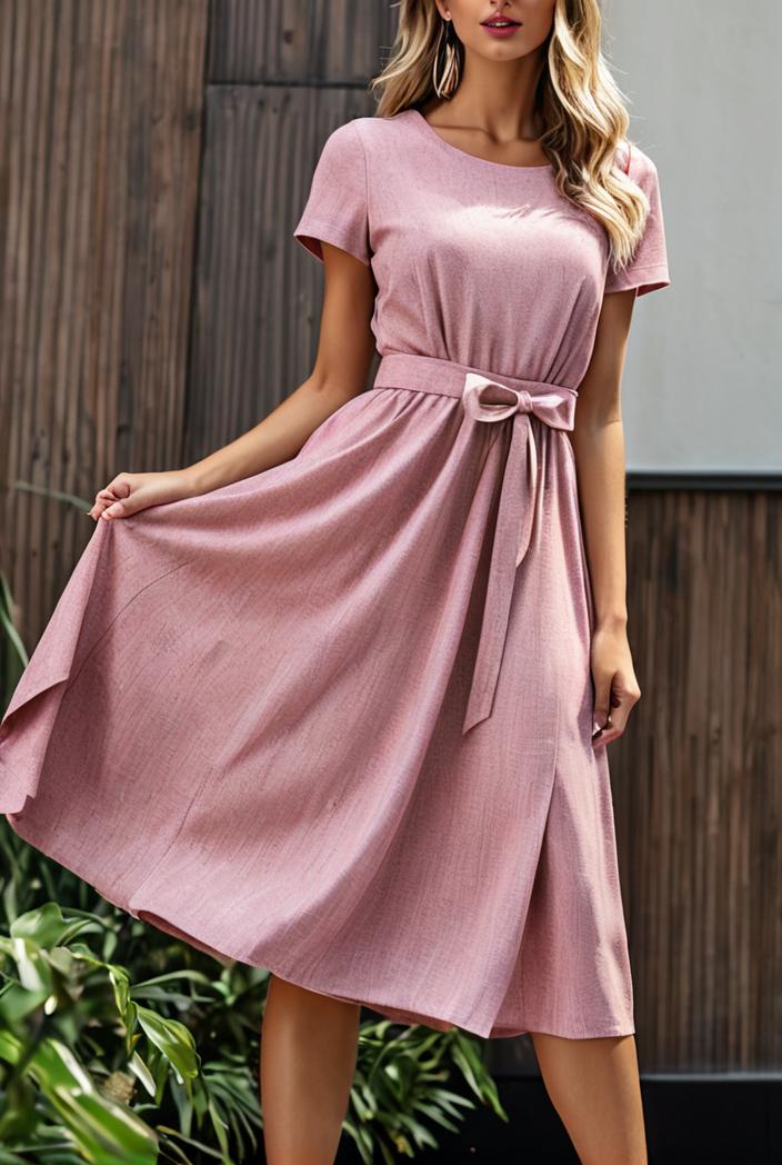round neck tie polka dot pleated short sleeve midi dress 116220