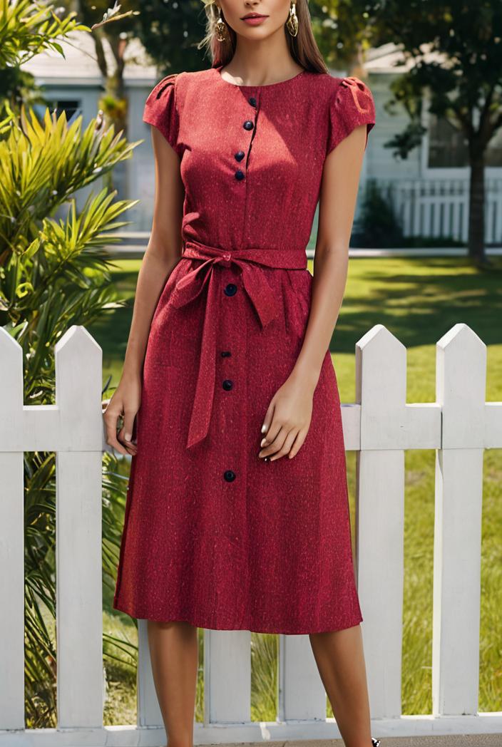 round neck tie polka dot pleated short sleeve midi dress 116221