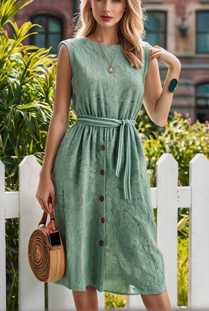 round neck tie polka dot pleated short sleeve midi dress 116232