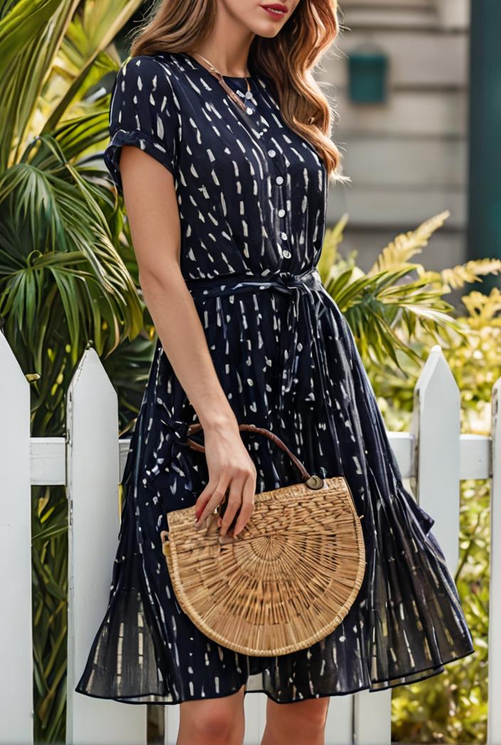 round neck tie polka dot pleated short sleeve midi dress 116248