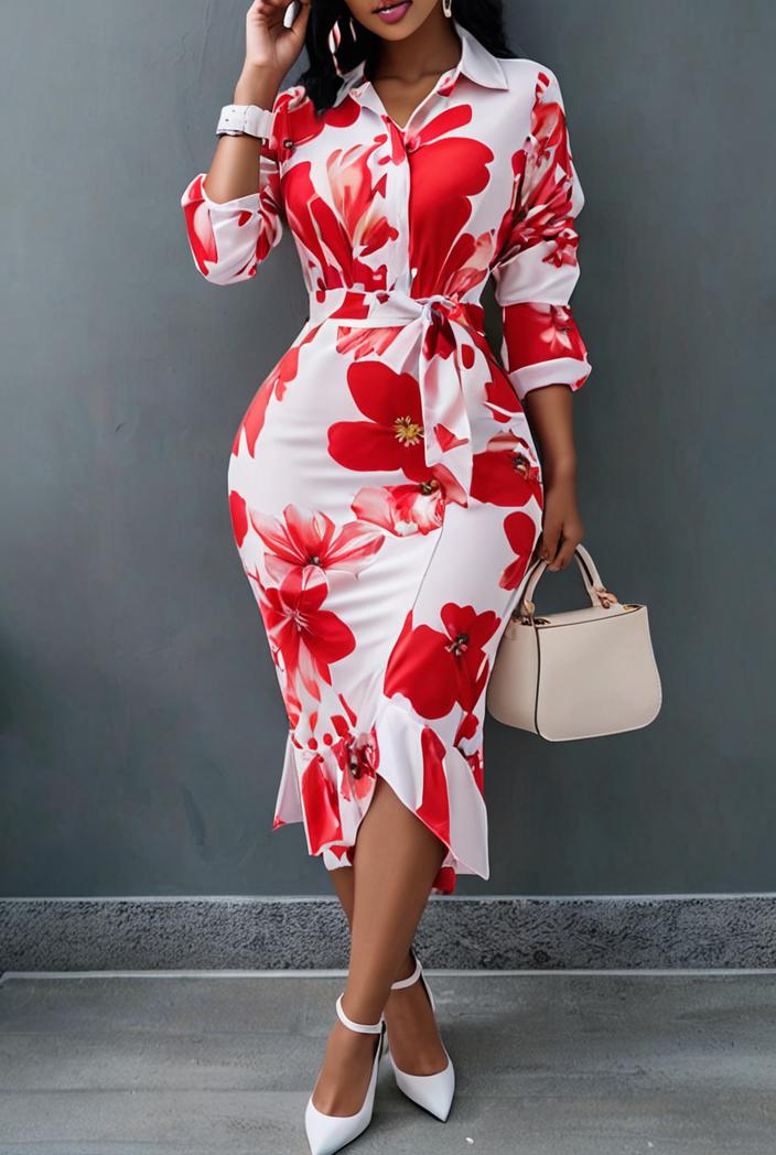 tie dye printed long sleeve ruffle fitted dress 133675