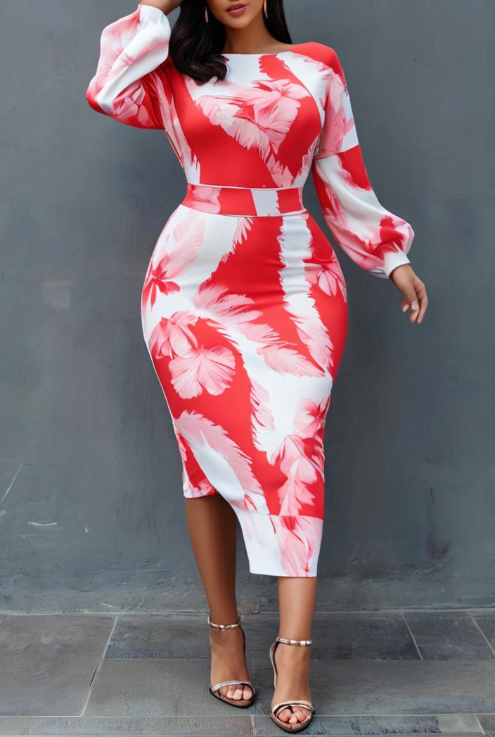 tie dye printed long sleeve ruffle fitted dress 133677