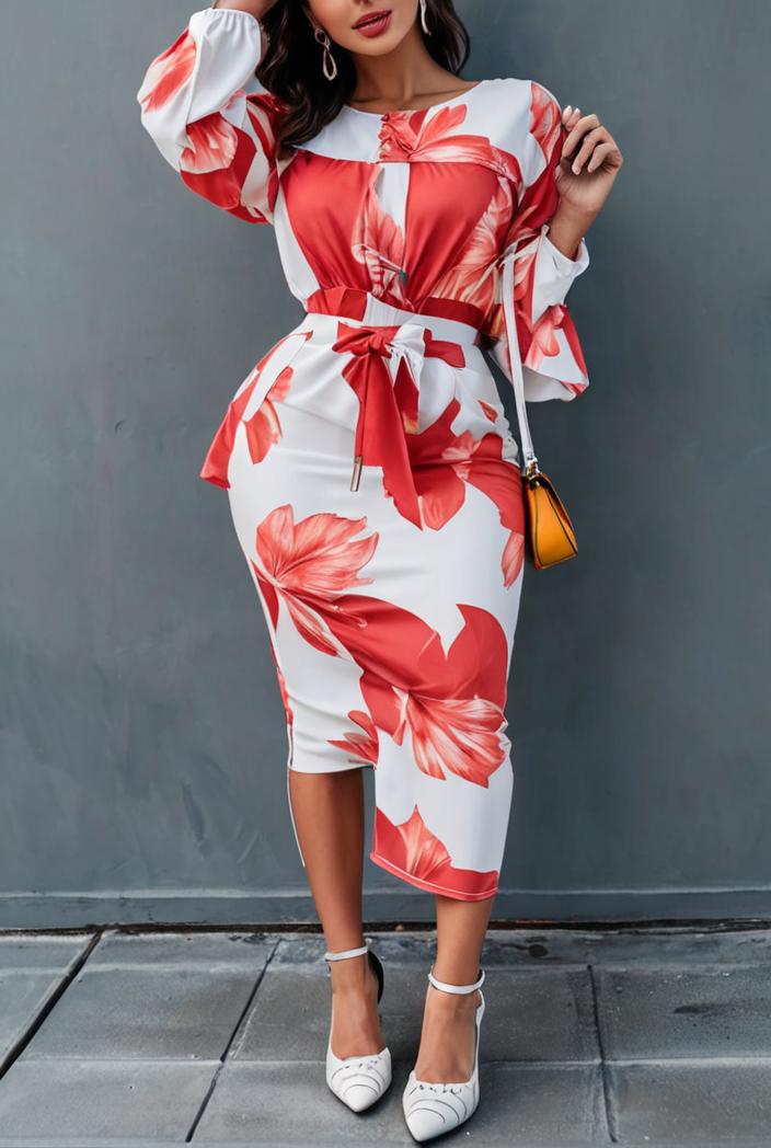 tie dye printed long sleeve ruffle fitted dress 133683