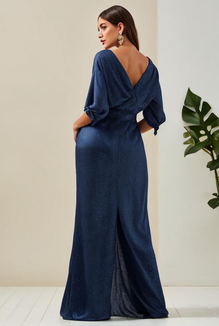 3 4 sleeve bodycon plunging back sequin evening dress 149983