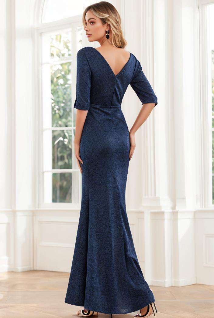 3 4 sleeve bodycon plunging back sequin evening dress 149987