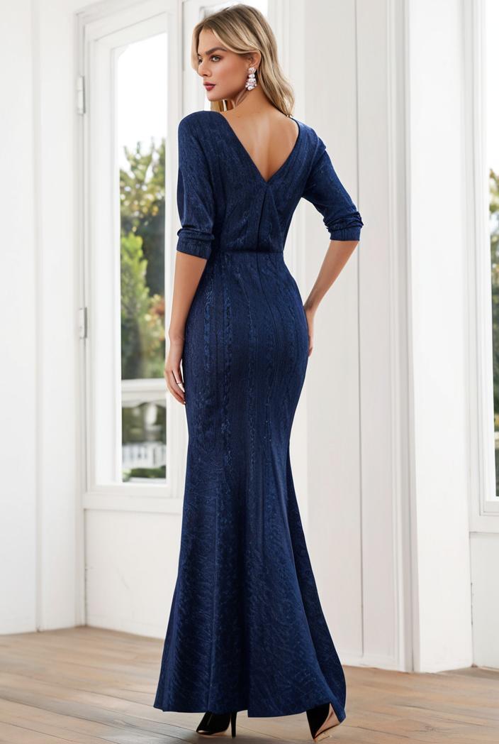 3 4 sleeve bodycon plunging back sequin evening dress 149988