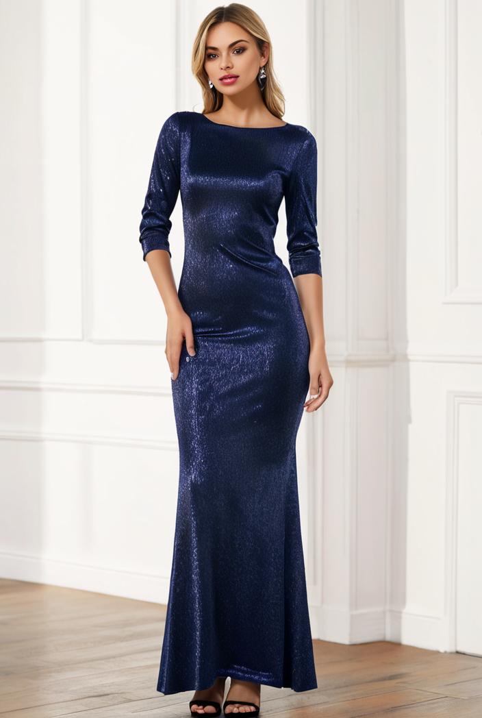 3 4 sleeve bodycon plunging back sequin evening dress 149996