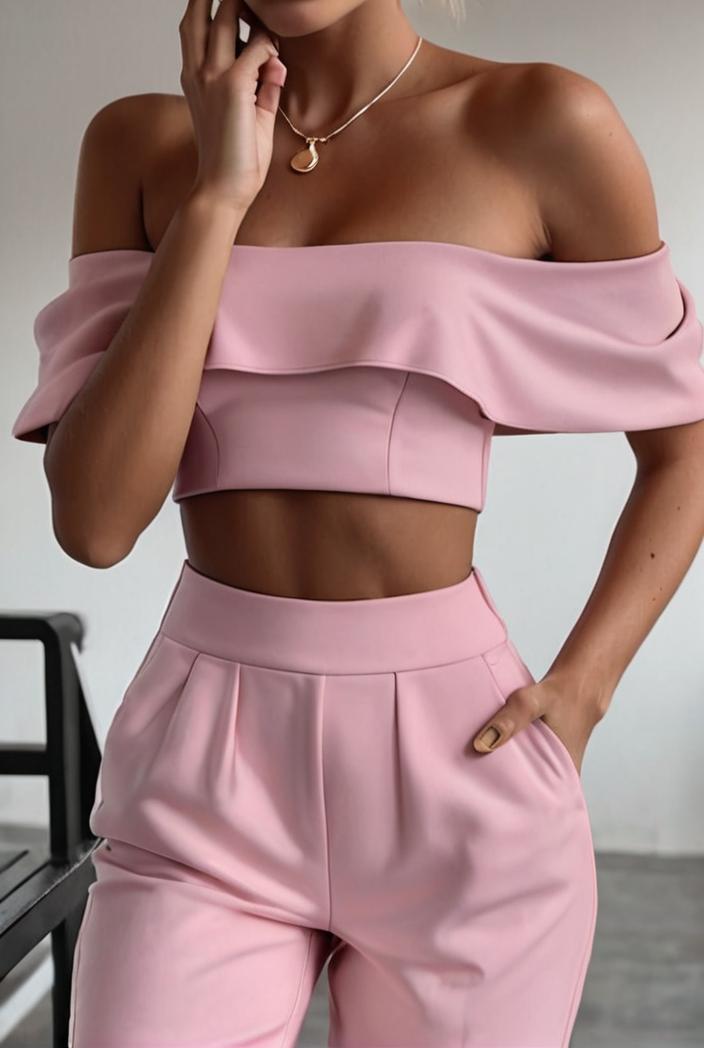 one shoulder crop top mopping pants two piece suit 126093