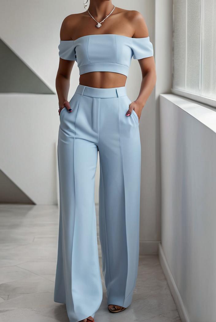 one shoulder crop top mopping pants two piece suit 126104