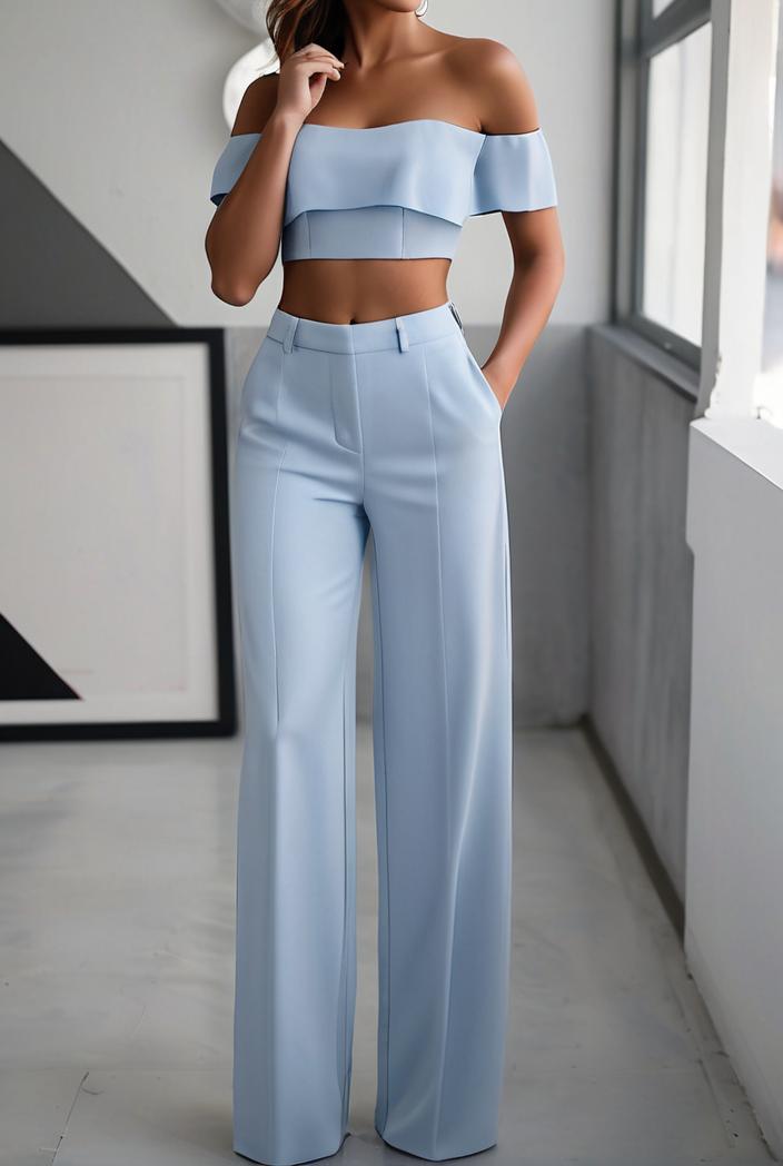 one shoulder crop top mopping pants two piece suit 126110