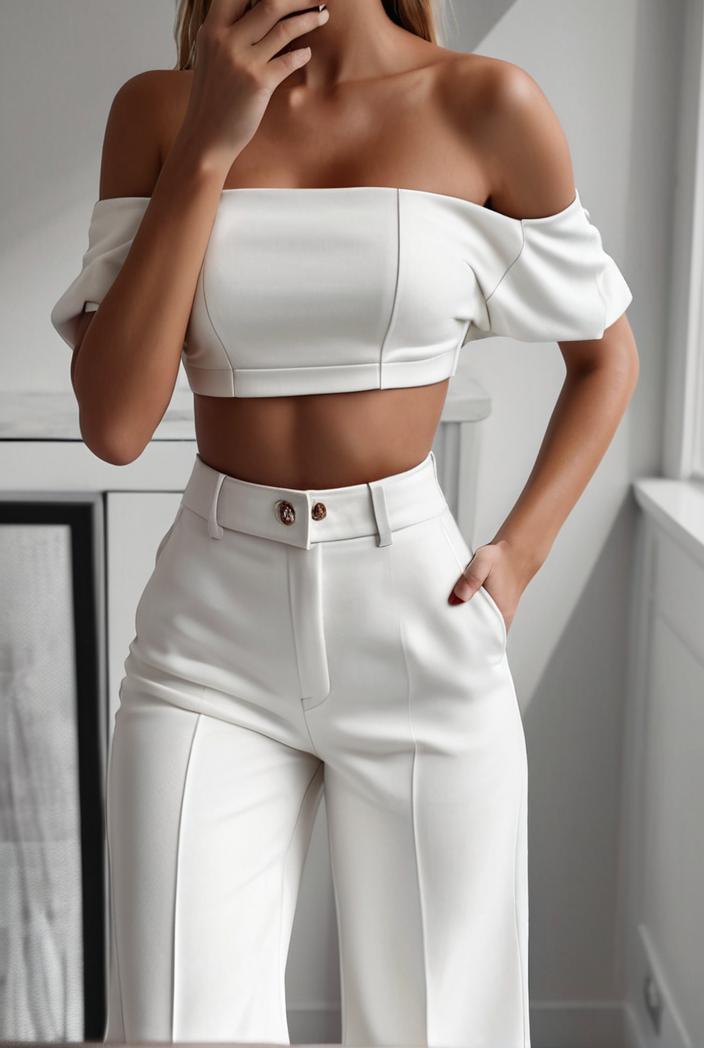 one shoulder crop top mopping pants two piece suit 126139