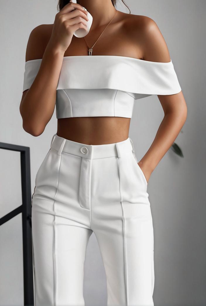 one shoulder crop top mopping pants two piece suit 126142