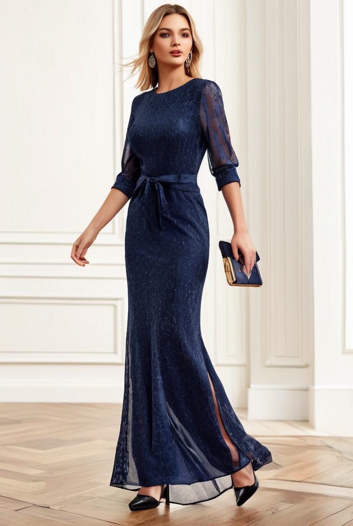 3 4 sleeve bodycon plunging back sequin evening dress 100038