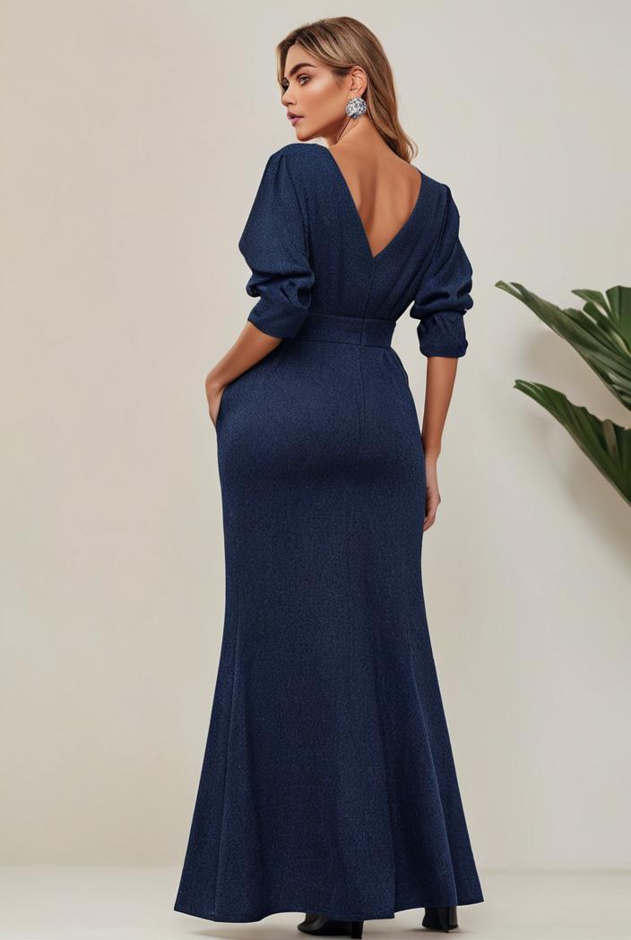 3 4 sleeve bodycon plunging back sequin evening dress 100059