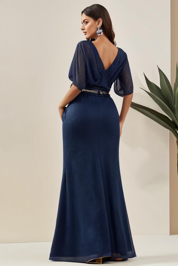 3 4 sleeve bodycon plunging back sequin evening dress 100063