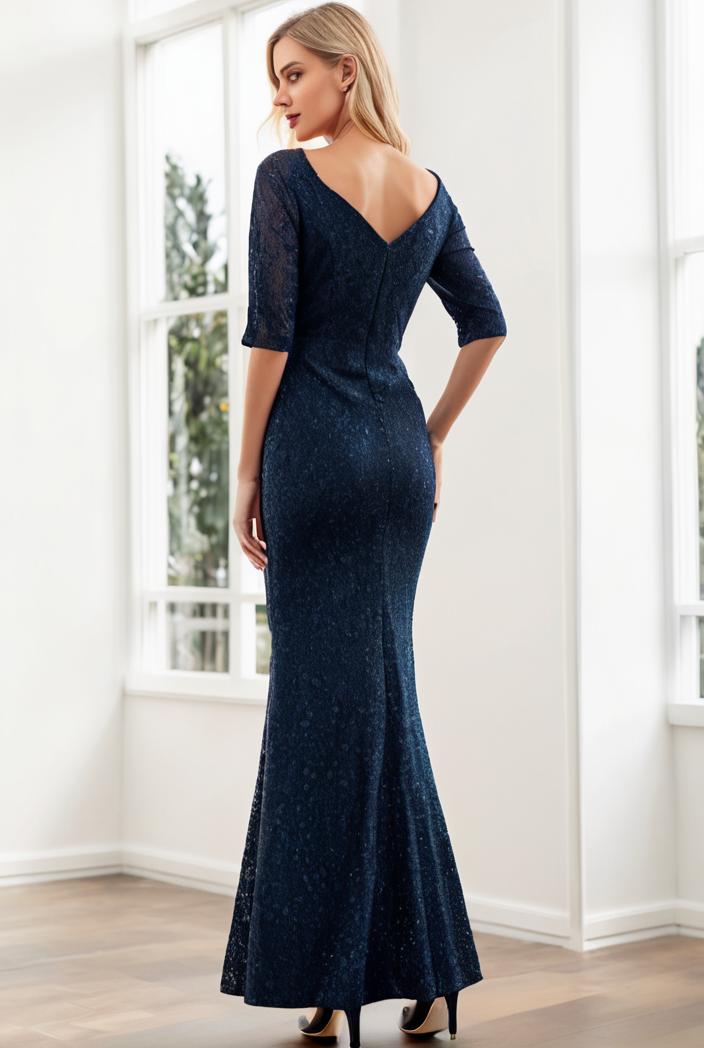 3 4 sleeve bodycon plunging back sequin evening dress 100072