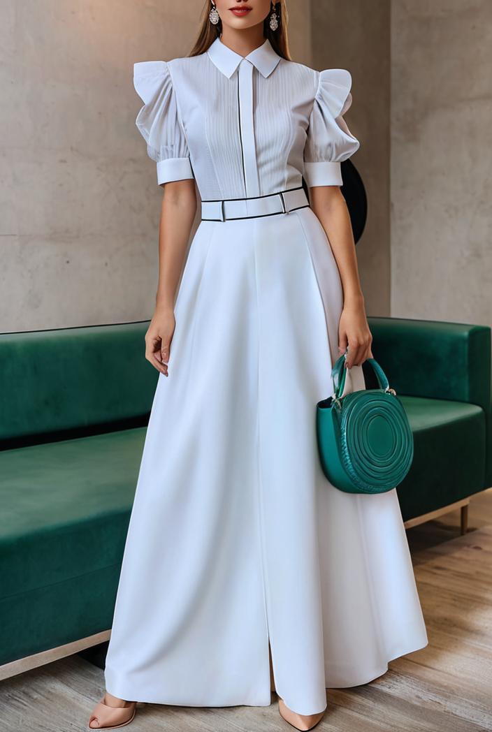 plain puff sleeve buttoned shirt dress 132671