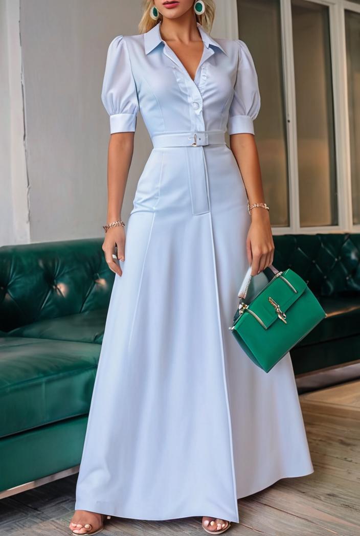plain puff sleeve buttoned shirt dress 132670
