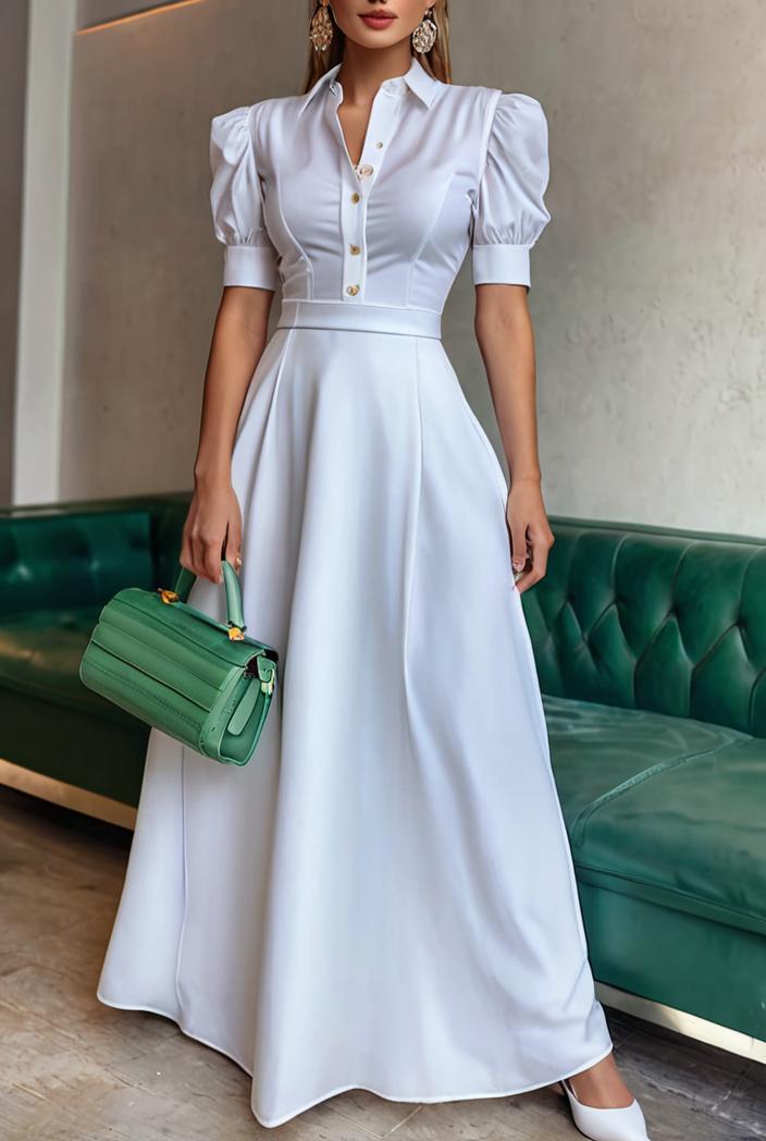 plain puff sleeve buttoned shirt dress 132686