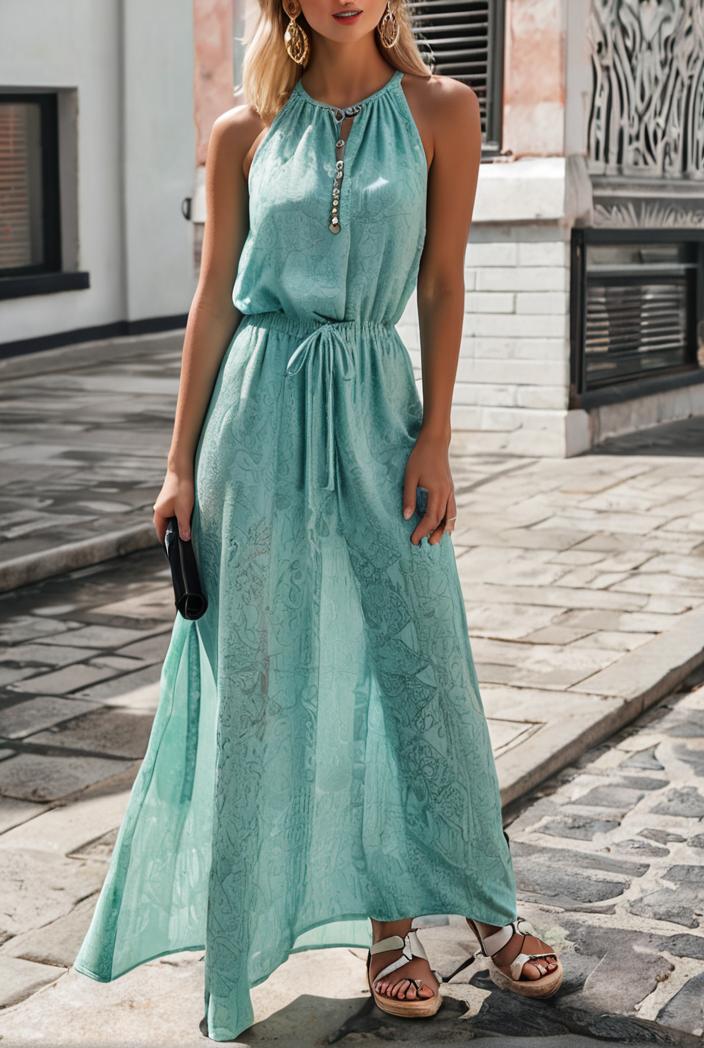 boho print halterneck sleeveless dress 128403