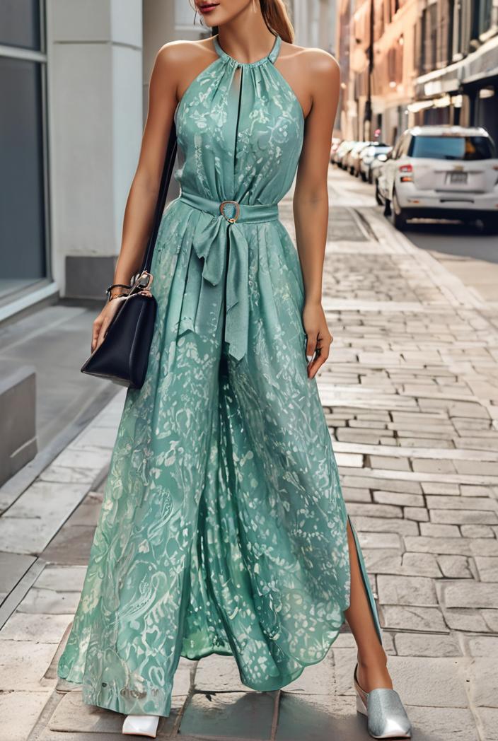 boho print halterneck sleeveless dress 128405