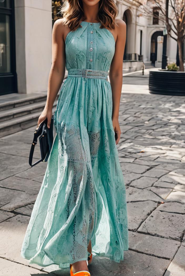 boho print halterneck sleeveless dress 128409