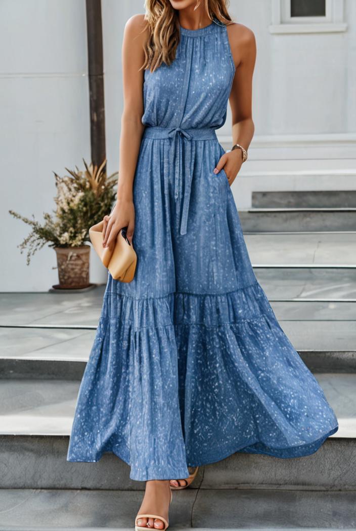 boho print halterneck sleeveless dress 128419