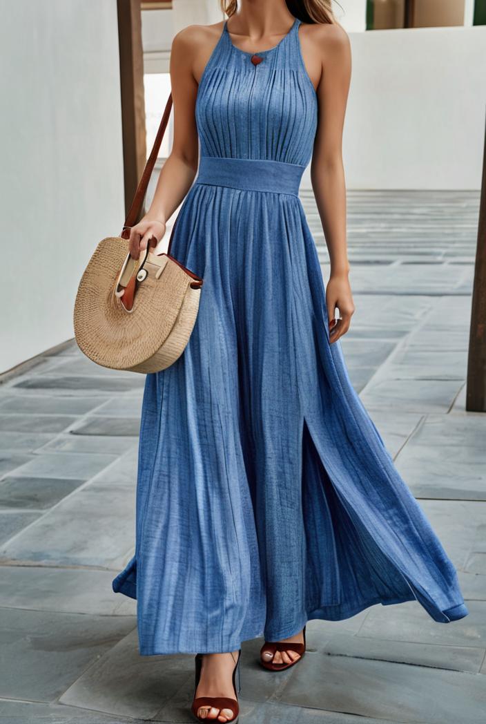 boho print halterneck sleeveless dress 128420