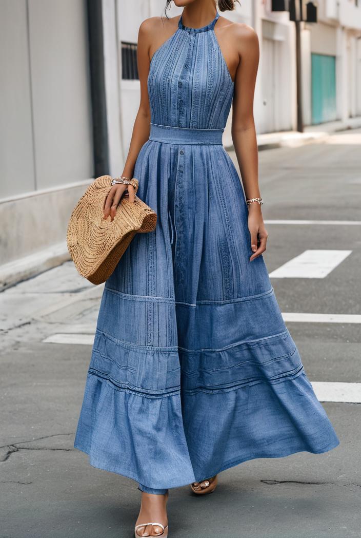 boho print halterneck sleeveless dress 128422