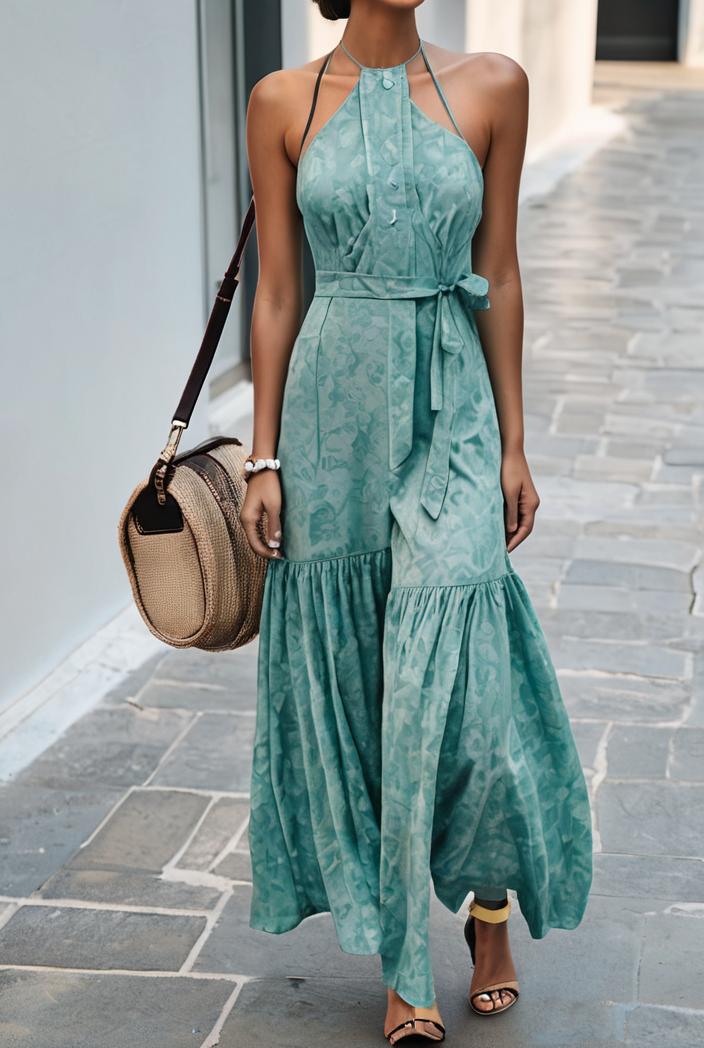 boho print halterneck sleeveless dress 128432