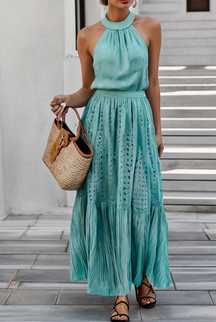 boho print halterneck sleeveless dress 128431