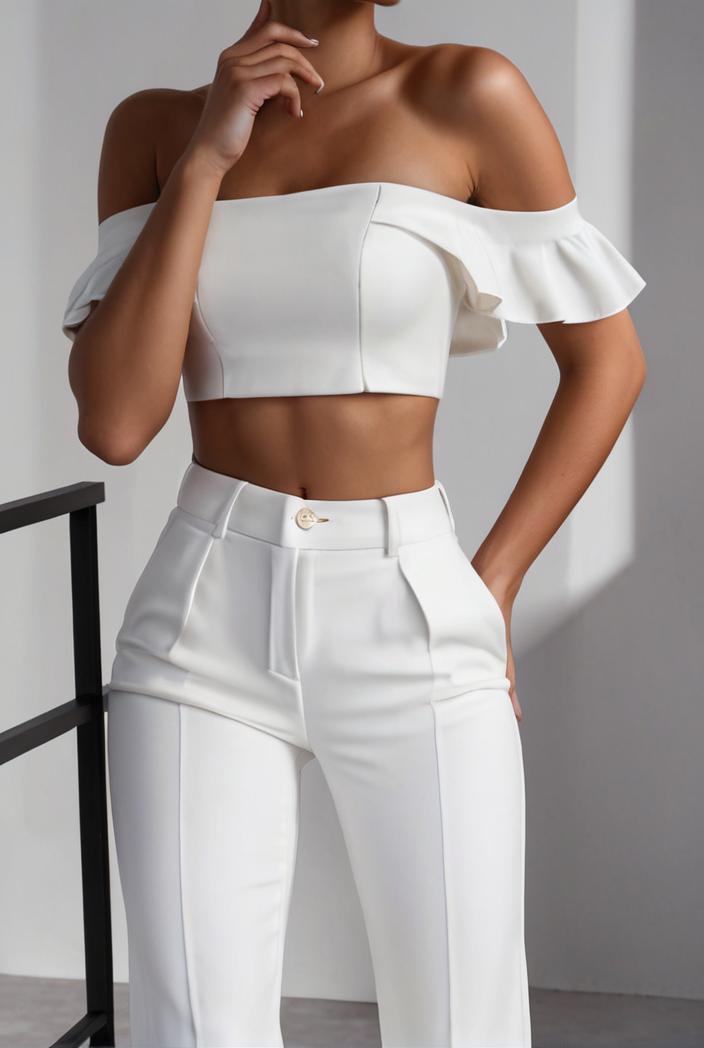one shoulder crop top mopping pants two piece suit 130486