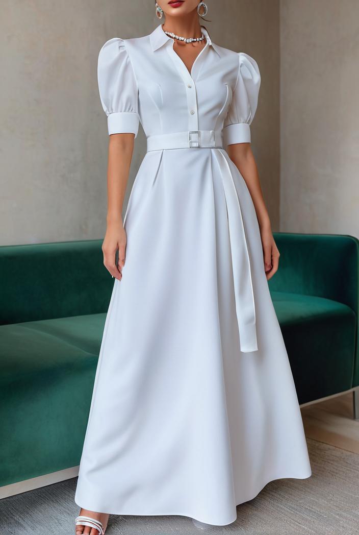plain puff sleeve buttoned shirt dress 131907