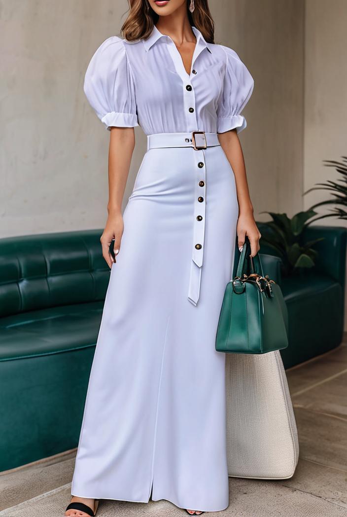 plain puff sleeve buttoned shirt dress 131909