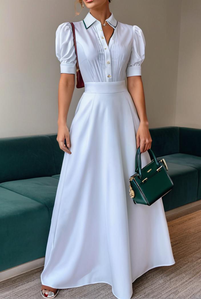 plain puff sleeve buttoned shirt dress 131910