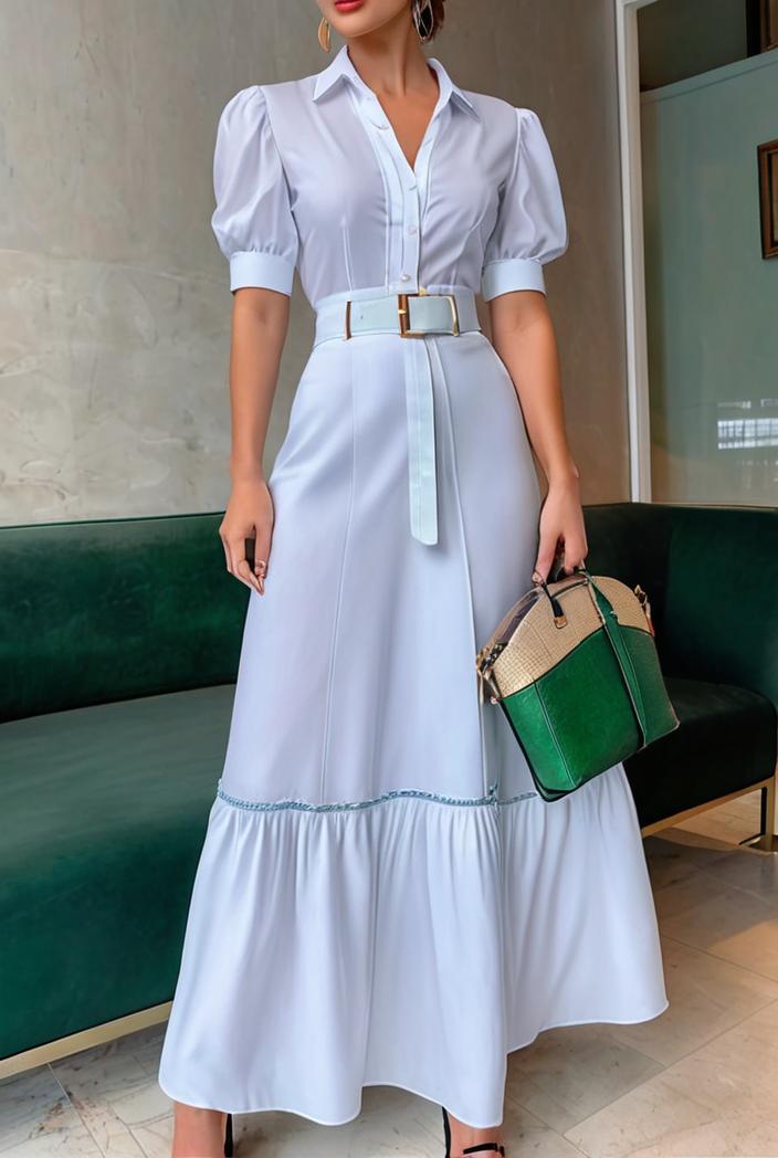plain puff sleeve buttoned shirt dress 131911