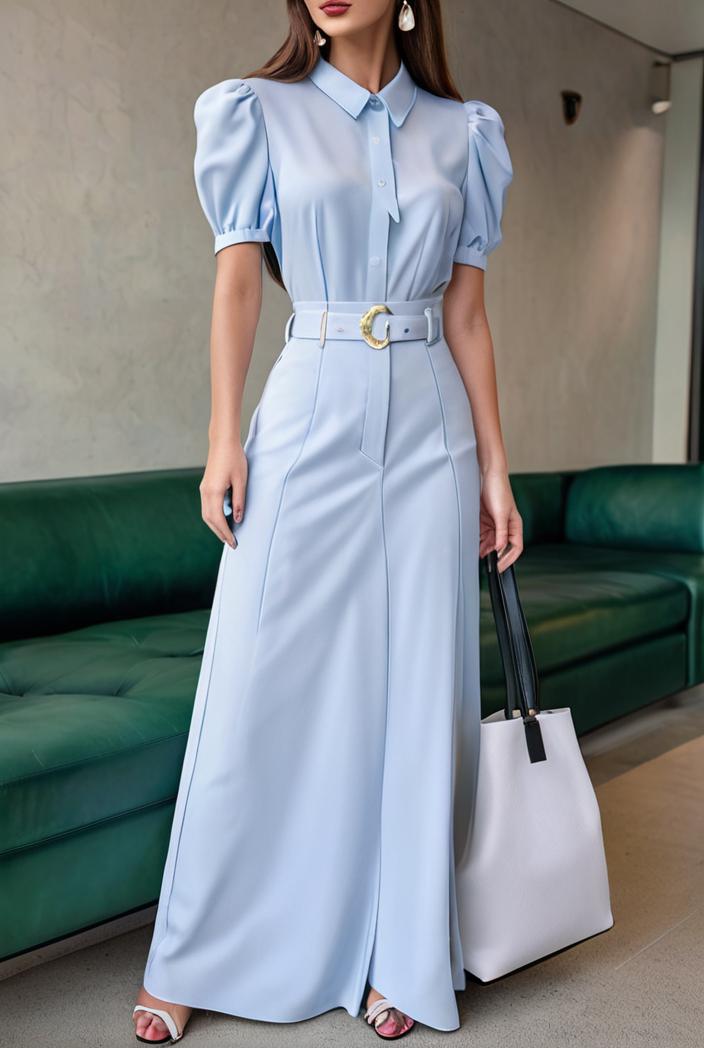 plain puff sleeve buttoned shirt dress 131912
