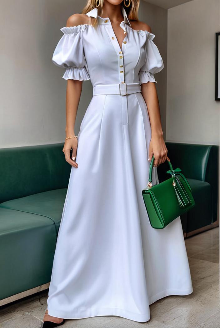plain puff sleeve buttoned shirt dress 131914