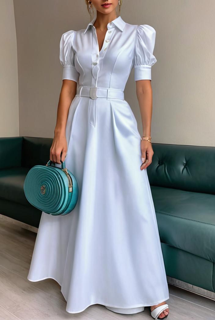 plain puff sleeve buttoned shirt dress 131926