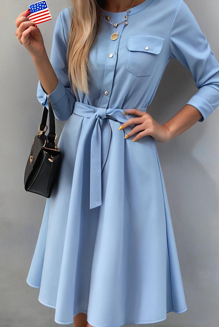 pocket lapel belted long sleeve denim dress 138916