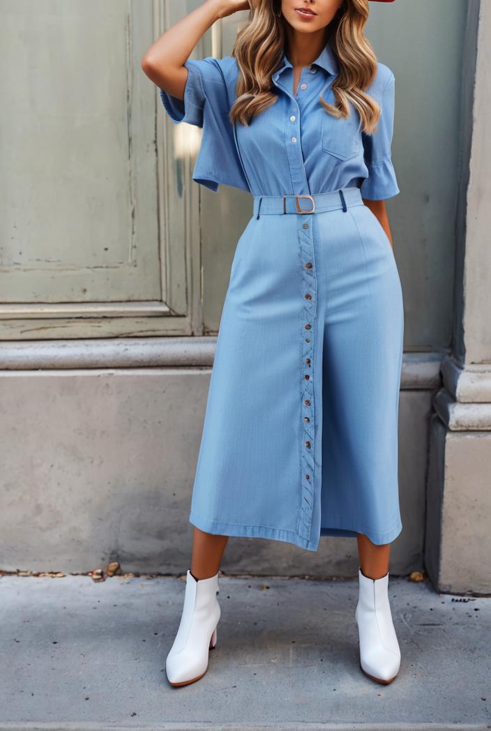 pocket lapel belted long sleeve denim dress 138950
