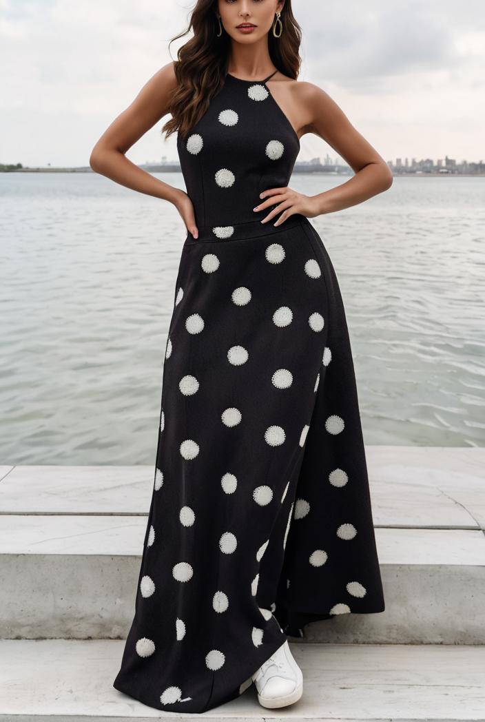 polka dot print halter backless ruched maxi dress 139301