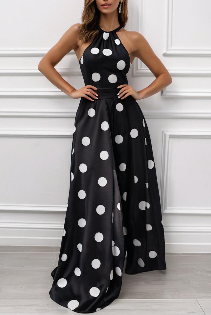 polka dot print halter backless ruched maxi dress 139302