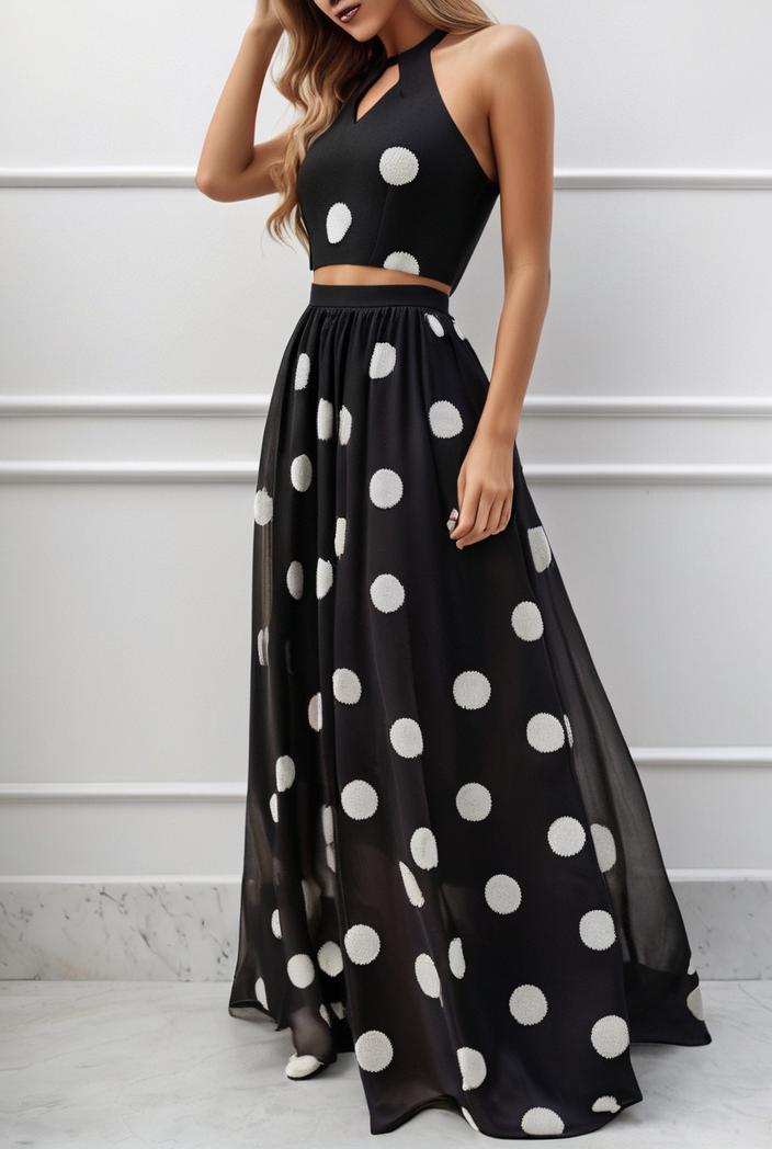 polka dot print halter backless ruched maxi dress 139307
