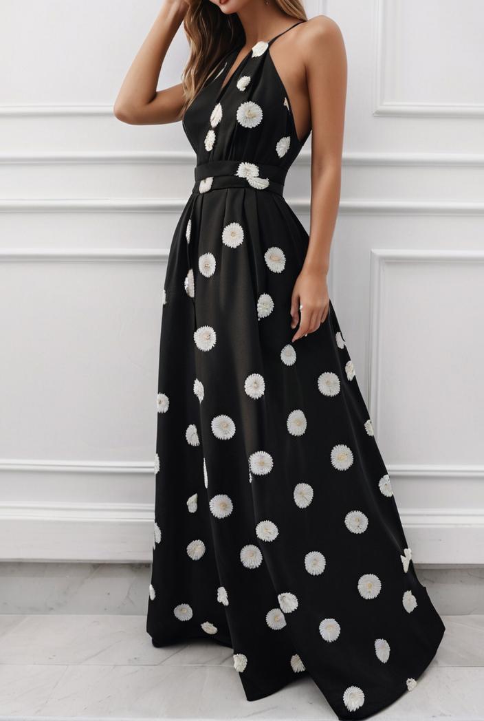 polka dot print halter backless ruched maxi dress 139310