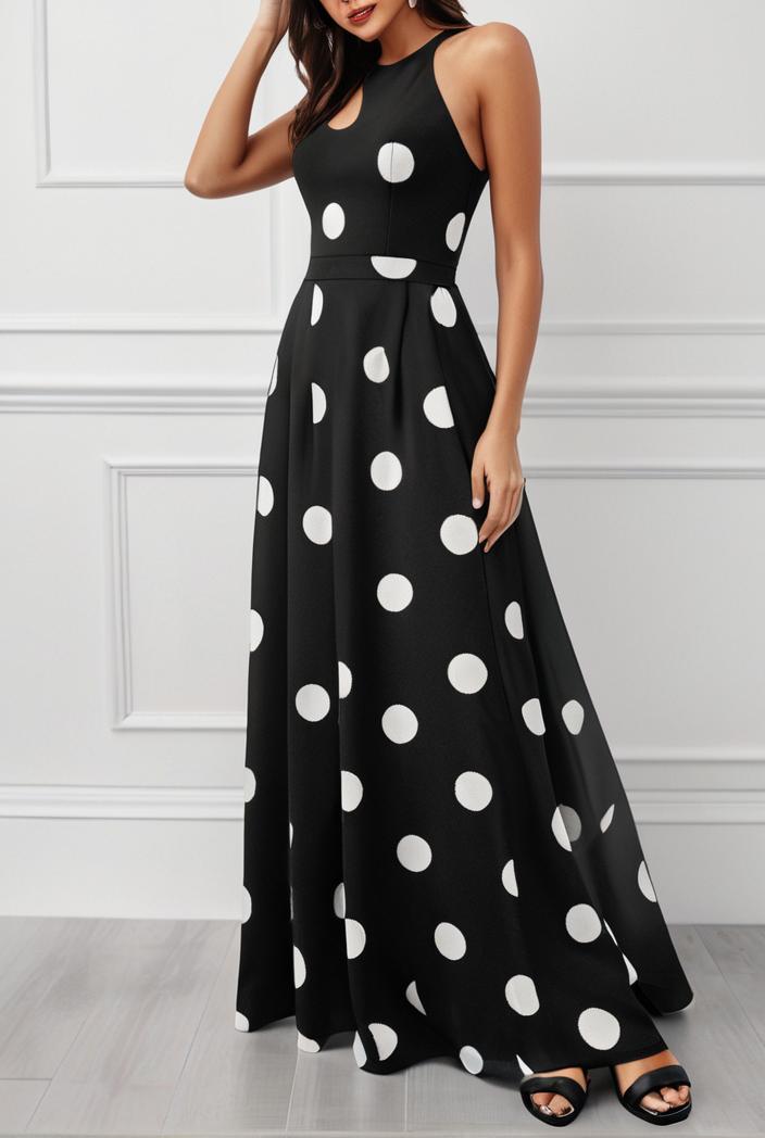 polka dot print halter backless ruched maxi dress 139313