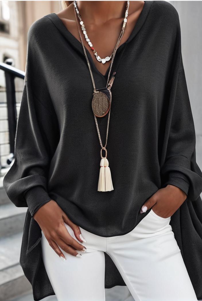 solid v neck long sleeve loose oversized t shirts 104045