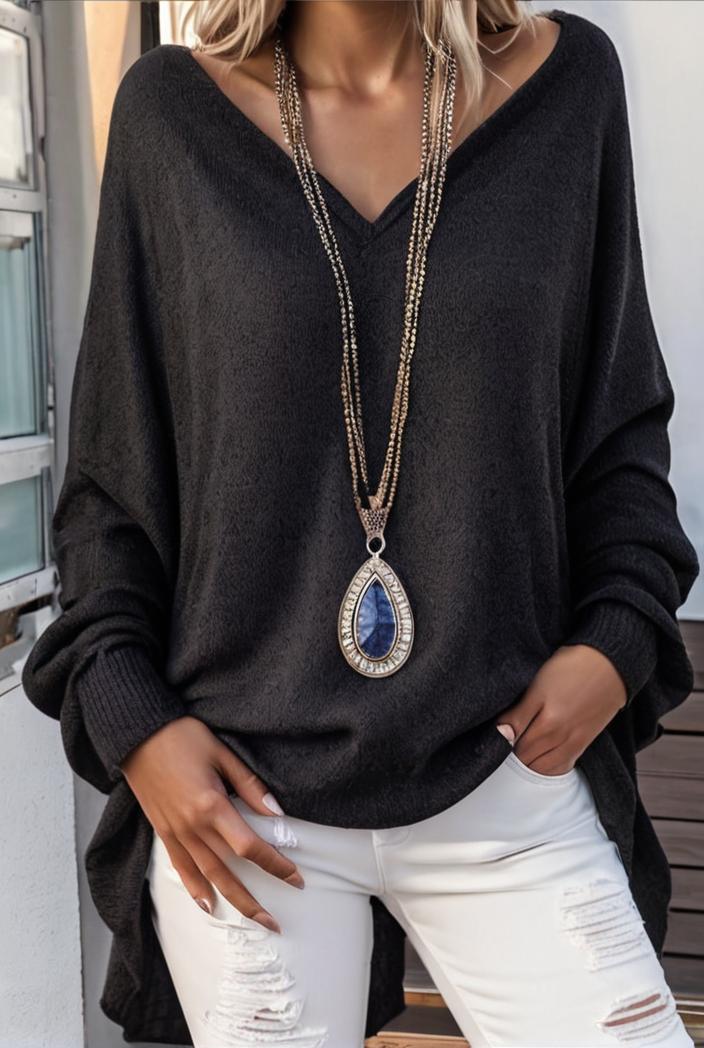 solid v neck long sleeve loose oversized t shirts 104046